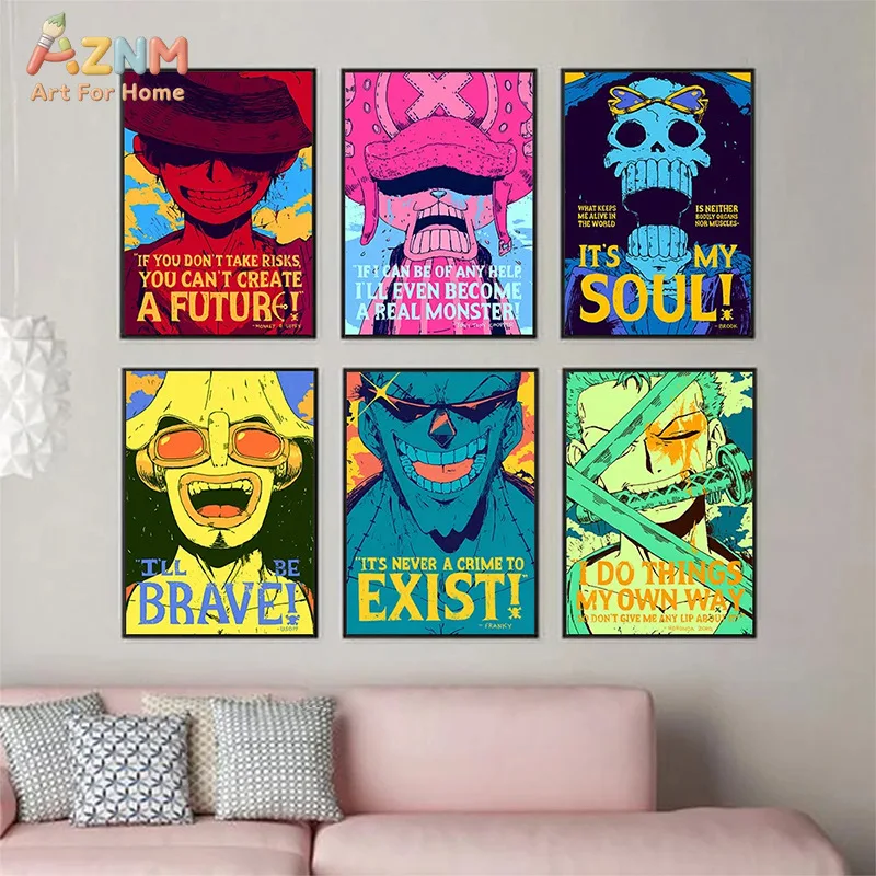 AZNM One Piece Luffy Zoro Chopper Sanji Inspirational Quote Pop Art Anime Frameless Canvas Wall Art, Manga Home Living Room Deco