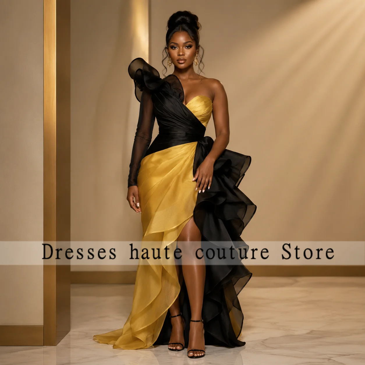 Black-Gold Customized Party Gowns Aso Vintage One-Shoulder Prom Dresses Contrast Color Split Evening Dress New Arrival