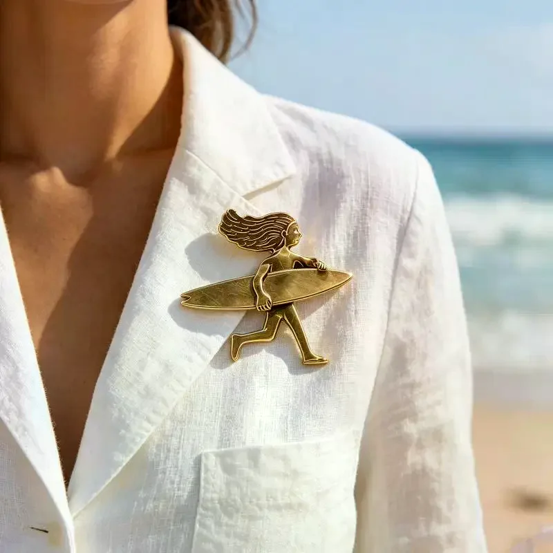 Summer Beach Surf Girl Enamel Brooch Personality Fashion Pins Exquisite Lapel Badge Suitable for Vacation & Daily Wear