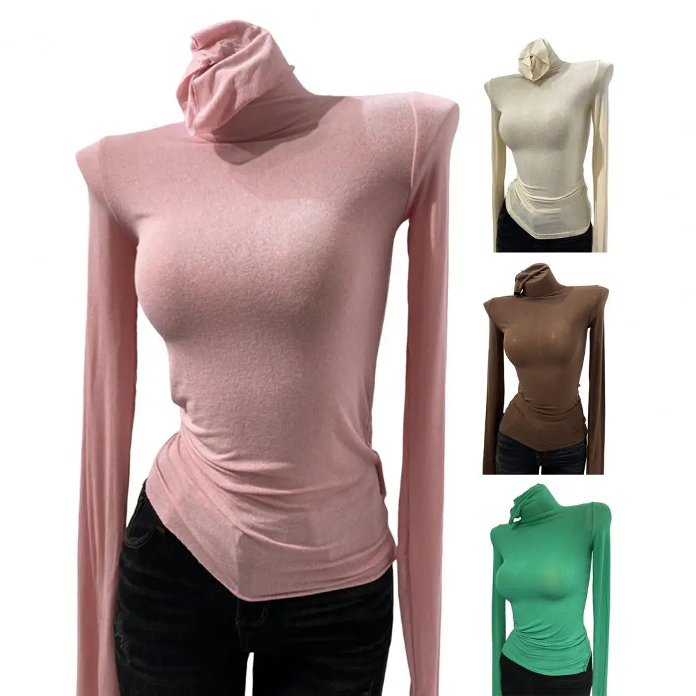 

7 Color High Collar T-shirt Korean Transparent Long-sleeved Slim-fit Elastic Solid Inner Bottoming Shirt Sexy Big Chest T-shirt