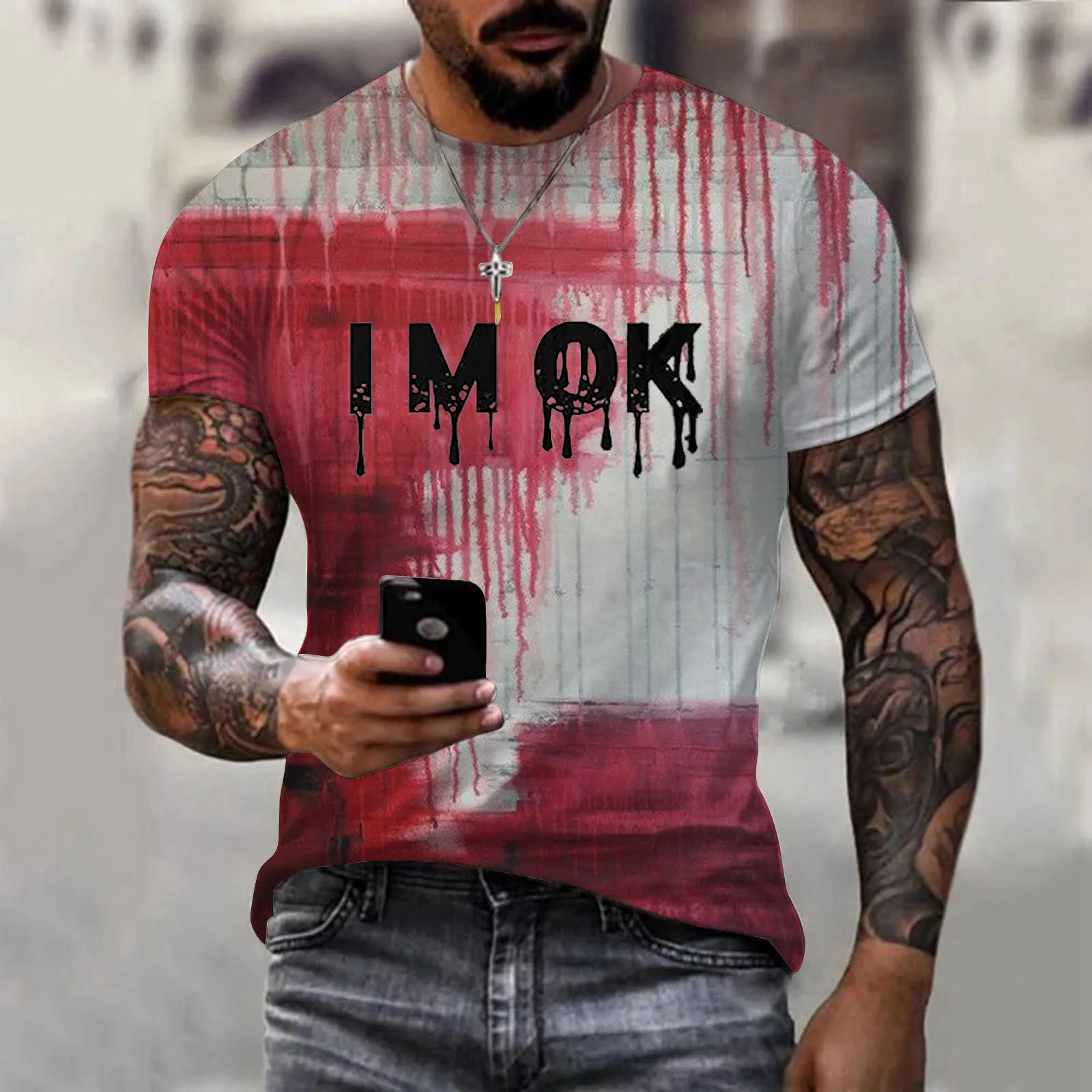 Men’s Halloween I'm Ok Bloody T-shirt Blood Splash Print Blouse Short Sleeve Round Neck Casual Tops Horror Costume Funny Tee