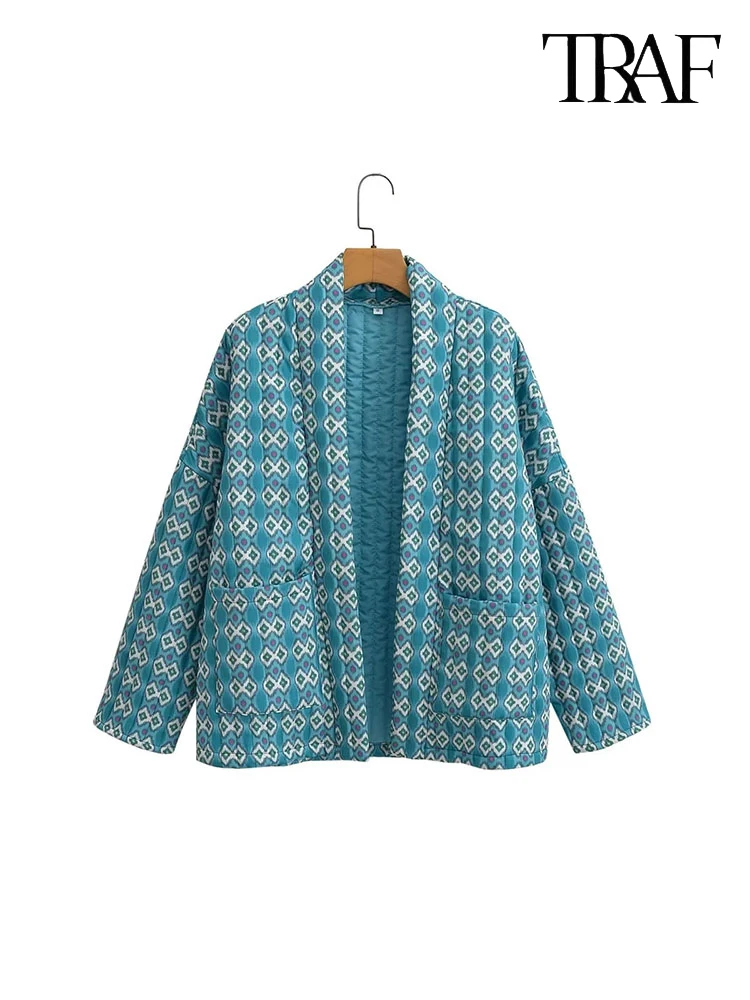 TRAF Women Fashion Quilted Retro Ethnic Style Printed Jacket Fall and Winter Casual Warm Jacket Loose Pocket Long Sleeve Jacket