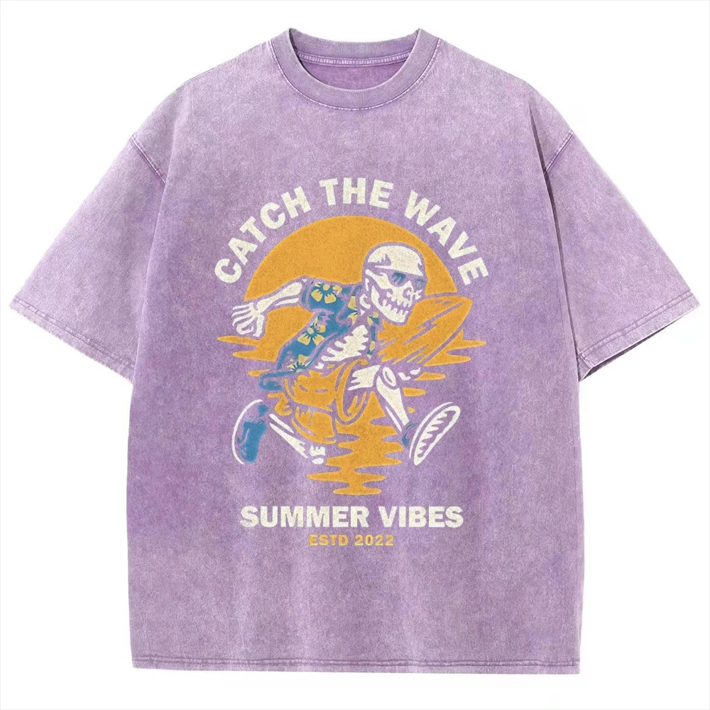 

Catch The Wave Summer Vibes Surfing Skateboard Skeleton Vintage Unisex Washed T-shirt, Y2k Skull Shirt