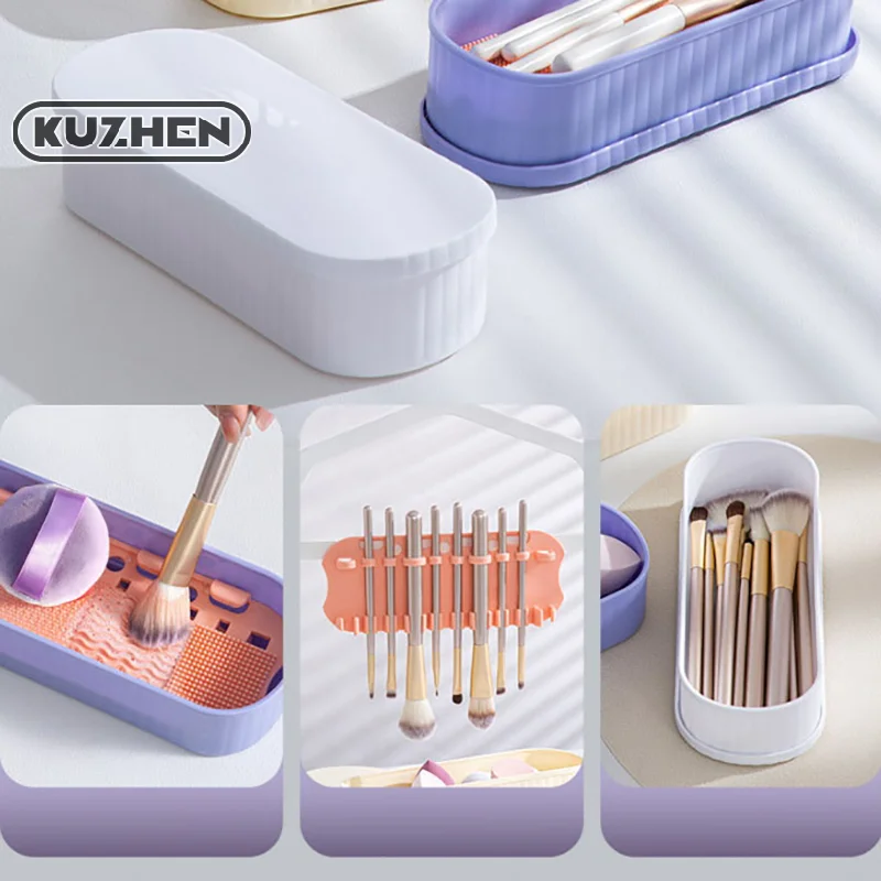 3 In1 Makeup Brush Cleaning Box Beauty Brush Drying Rack Portable Travel Makeup Brush Scrubber Cosmetics Storage Holder Tool