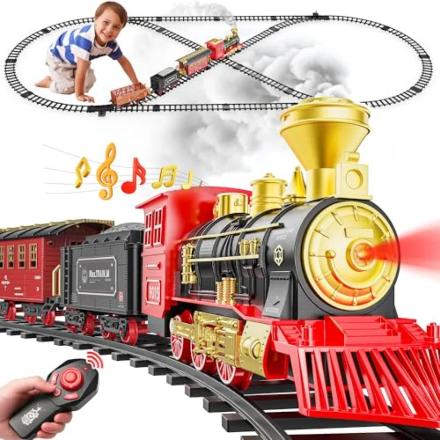 

Christmas train set for around the tree: remote control toy train with luxury tracks smoke lights sound ABS plastic red and gra
