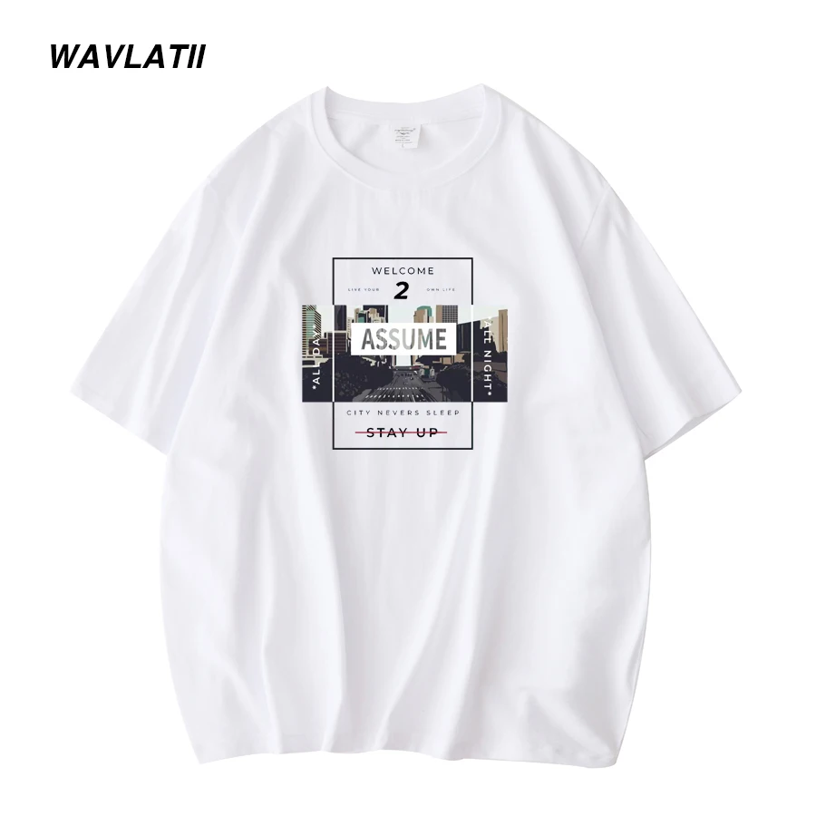 WAVLATII New Cool Print Cotton T shirts for Men Khaki O-neck Short Sleeve Tees Male Black White Summer Casual Tops WMT2303