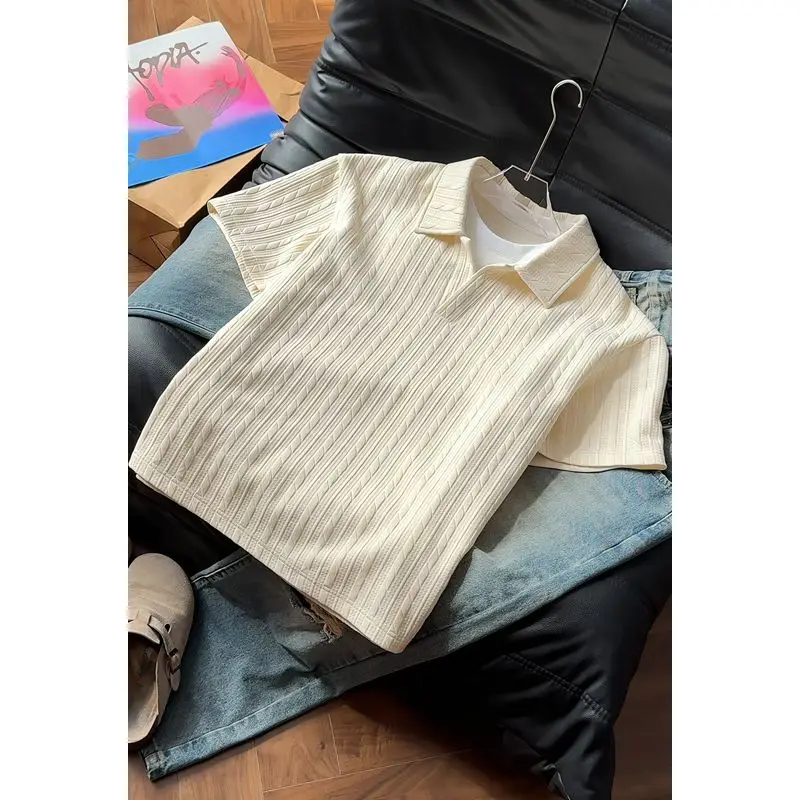 Mr. WH Short Sleeve T-Shirt Texture Collar Unisex Apricot Fake Two-Piece Hong Kong Style Summer Top Loose Fit Polyester Spandex