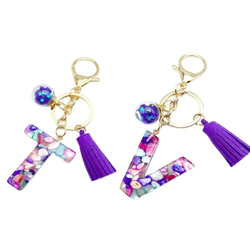 

A-Z Colorful Letter Tassel Keychain Resin Purple Stones Filled Pendant Key Chain Handbag Charm Accessories For Friend Xmas Gift