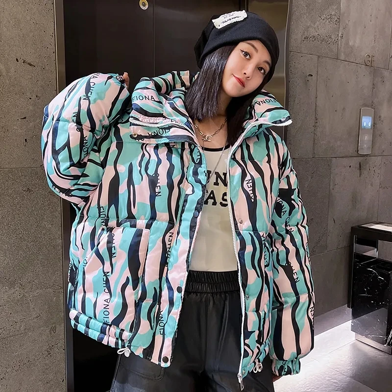 Korean Winter Womens Jacket 2023 New Down Cotton Coat Short Loose Padded Jackets Printing Hooded All-match Fashion Outerwear