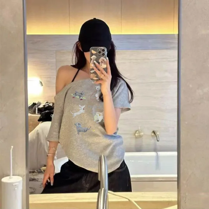 Korean Style Animal Print Pure Cotton Short Sleeve T-Shirt Loose Casual off Shoulder Overhead Top Summer New Arrival