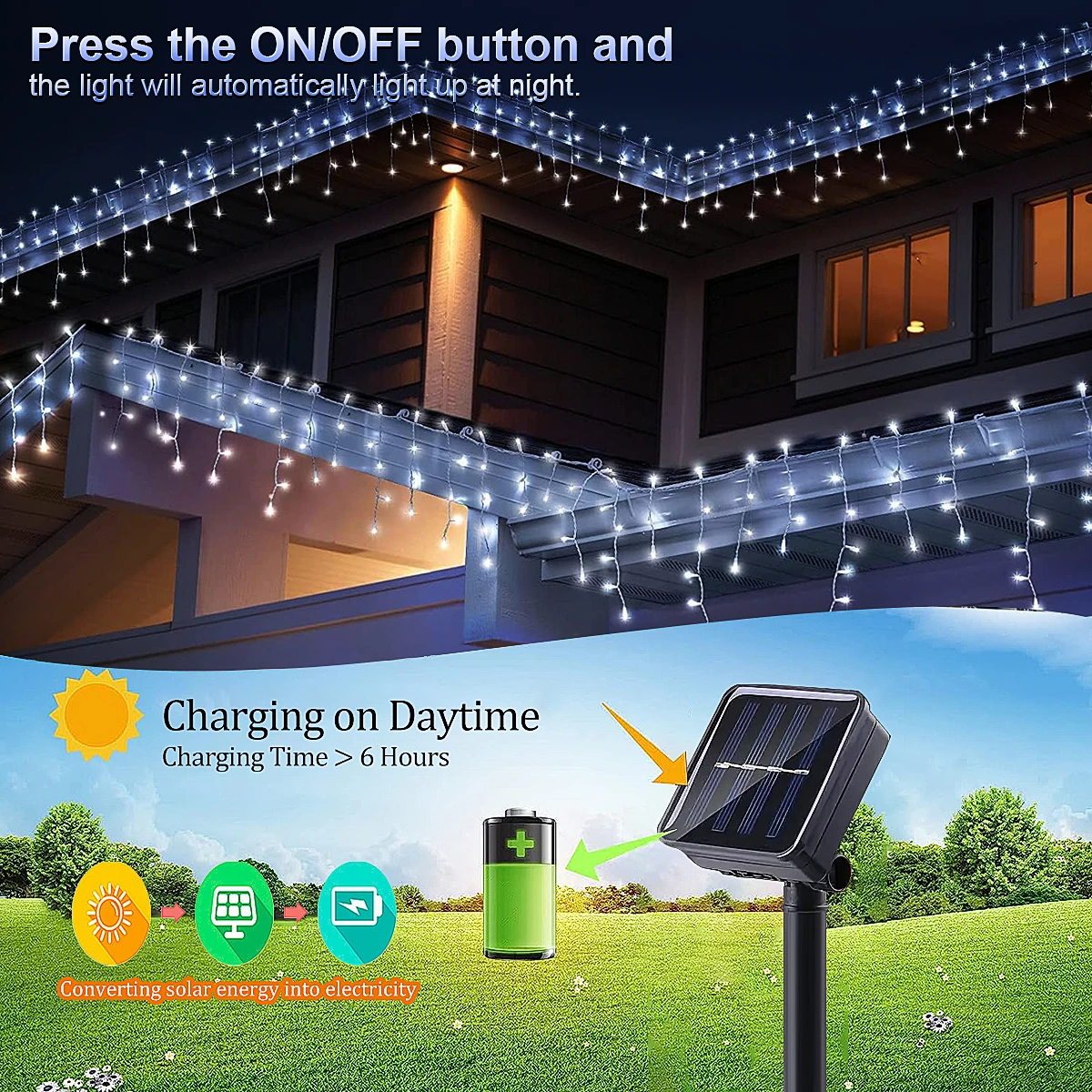 LED Solar String Lights Waterfall, 23Ft Waterproof Curtain Lights Outdoor Fairy Lights For Patio Garden Ramadan Christmas Decor