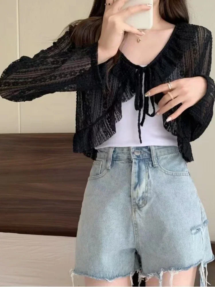 

Lace Flower Embroidery See Through Blouses 2025 Summer Women Clothing V-neck Ruffled Shirts Chic Cropped Blouse