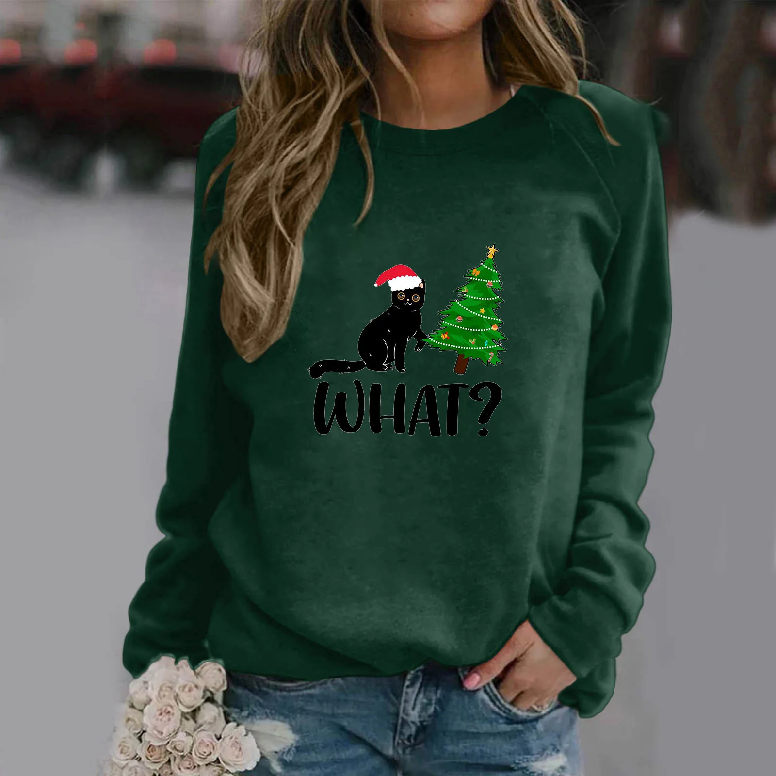 

Women'S Casual Round Neck Sweatshirt Long Sleeve Fun Cat Christmas Tree Print Women Pullover Streetwear Loose Sweatshirt