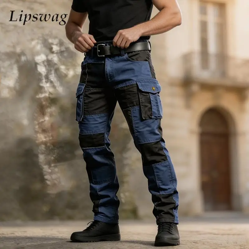 2026 Spring Fall Fashion Mens Patchwork Pants Vintage Loose Straight Cargo Pants Streetwear Men Casual Multi Pockets Pants