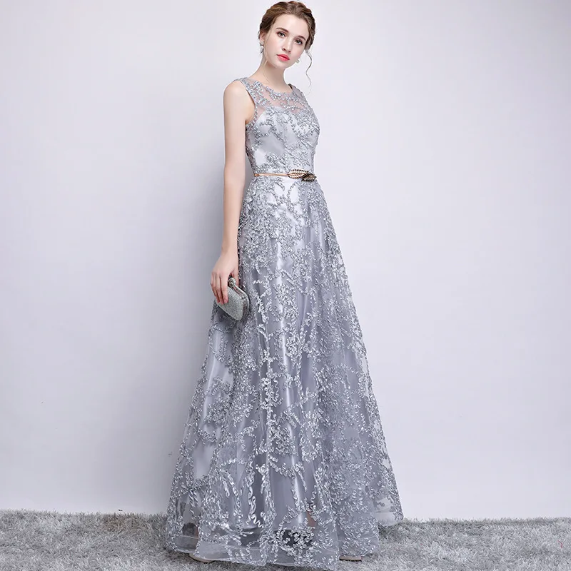 Banquet Evening Dress, 2024 New Silver Palace Style, Round Neck Slim Fit, Slimming Dress, Long Host Business Dress