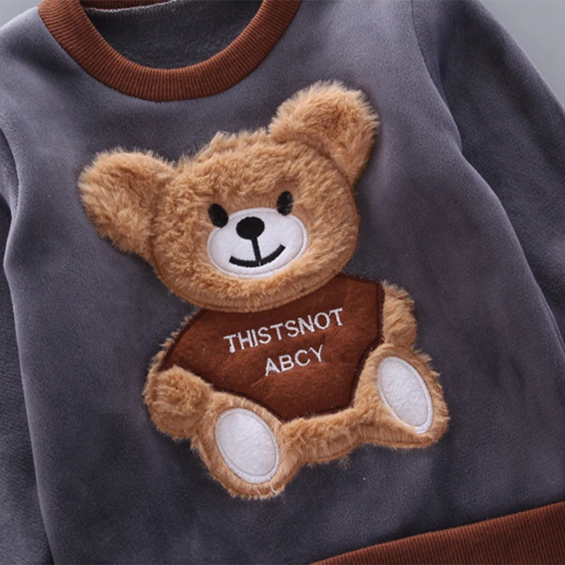 Baby Boys Clothes Set Autumn Winter Thick Fleece Cartoon Bear Hooded Vest Coat Pants 3Pc for Kids Sport Outfits Girls Warm Suit