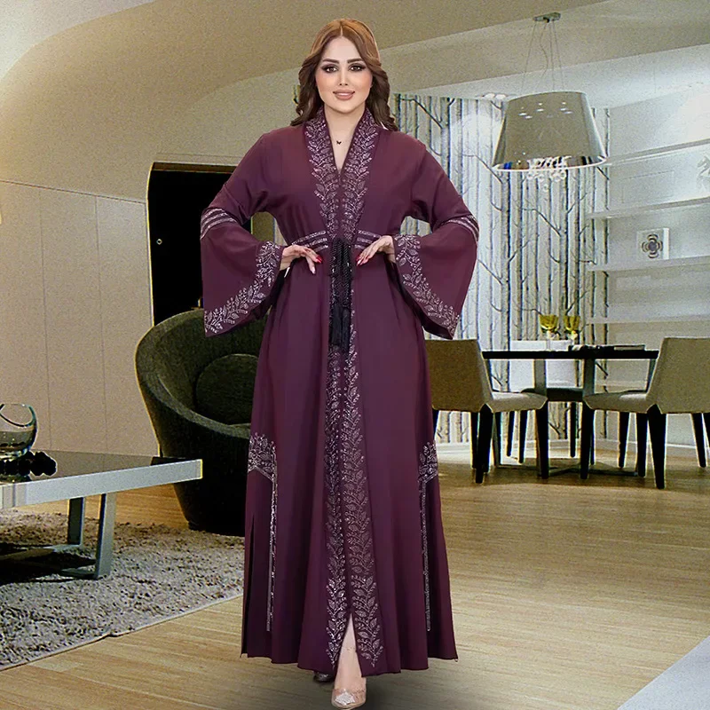 Dubai Plus-size Long Dress Arabia Frock Chiffon Open Abayas for Women Embroidery Cardigan Islamic Clothing V-neck Muslim Woman