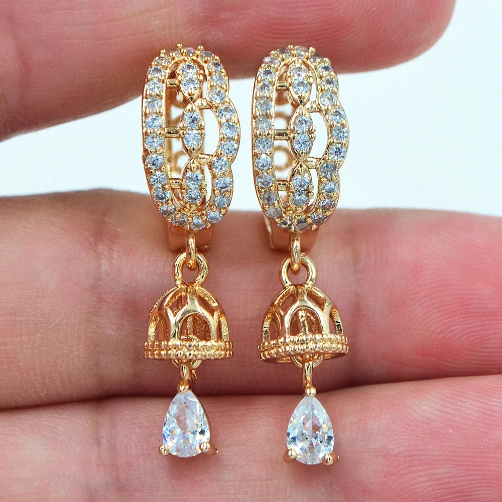 Gold Color Women Fashion Clear CZ Bell Dangle Huggie Hoop Earrings for Wedding