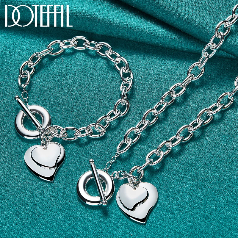 

DOTEFFIL 2pcs 925 Sterling Silver Double Heart Necklace Bracelet Set For Women Man Wedding Engagement Party Jewelry