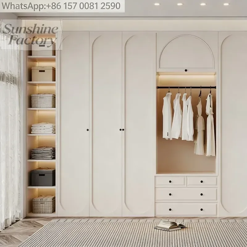 Cream Curved Door Wardrobe Plywood Construction Floor Ceiling Custom Bedroom Armoire Wooden Storage Closet Cabinet Faucet