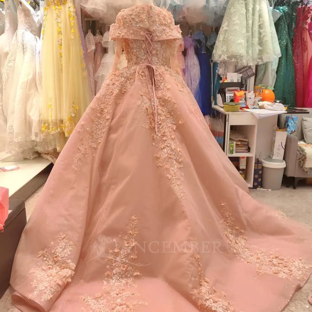 Quinceanera Dress O-Neck Customized Lace Applique Corset Sweet 16 Vestidos De 15 Anos Long Sleeves A-line Court Train