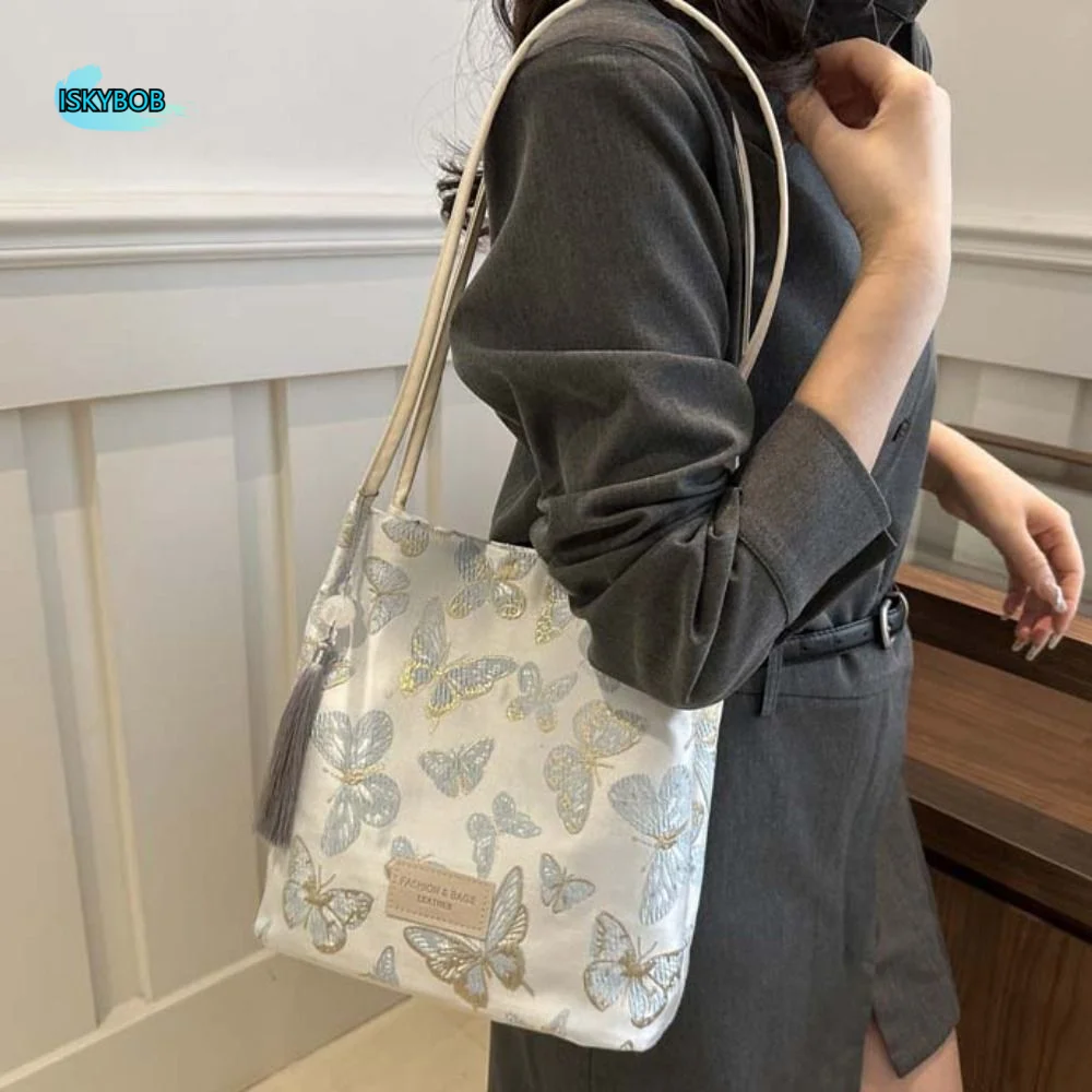 

New Chinese Style Flower Bucket Bag Large Capacity Butterfly Embroidery Shoulder Bag Floral Coin Purse Women Handbag Children