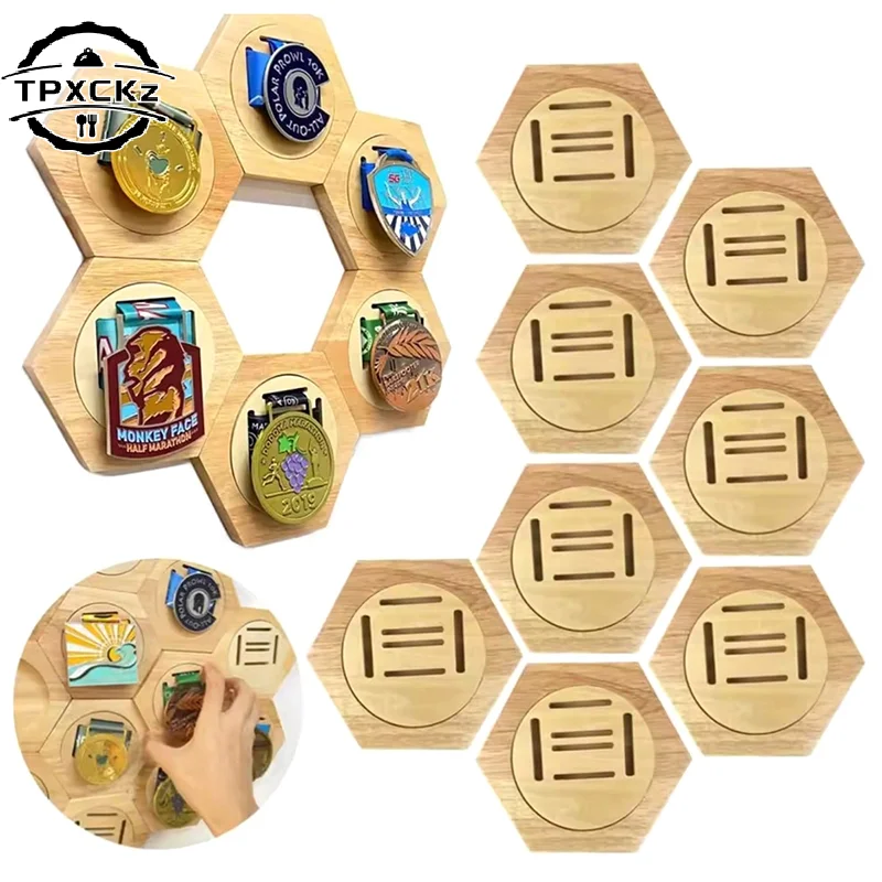 Wooden Medal Display Stand Hexagonal Cellular Design Sports Award Storage Box Creative Wall Decor Home Decoration