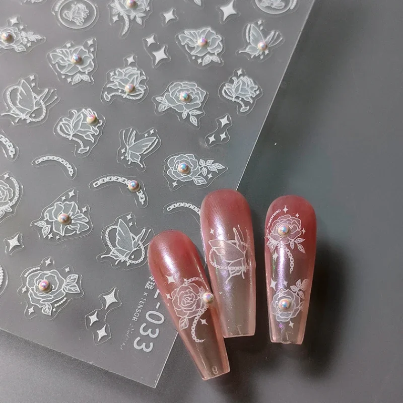 Semi-transparent Pure White Flower Butterfly Pearl Rose Star 3D Self Adhesive Nail Art Sticker Illusion Colorful Manicure Decals