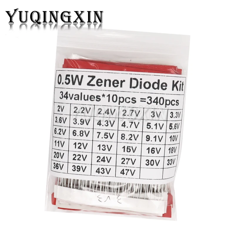 340pcs 1/2W Zener Diode Assorted Kit DO-35 0.5W 2V-47V 34Values Each 10pcs DIY Sample Set