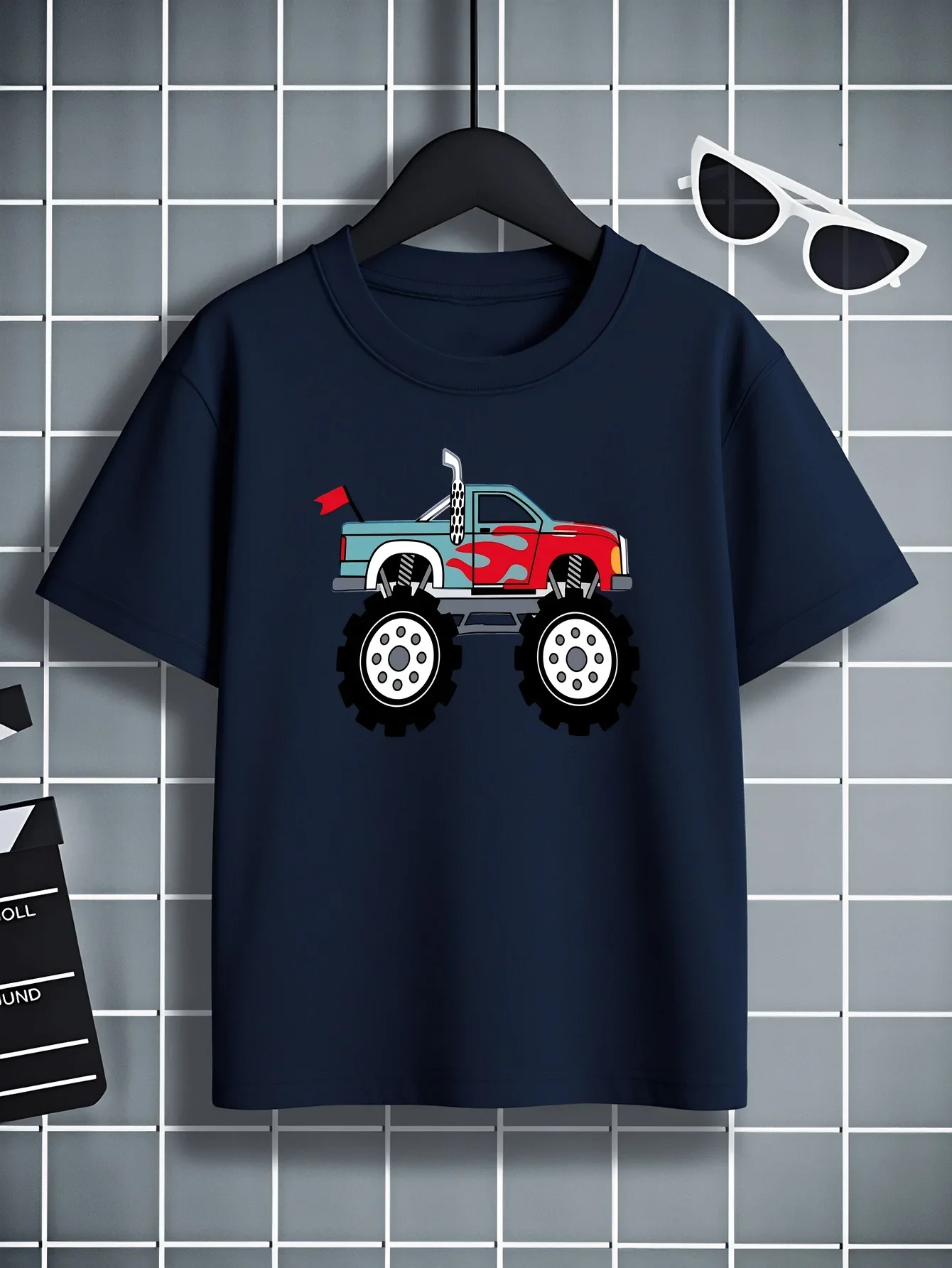 Red Flame Blue Truck Monster Children's T-shirt Machine Washable Soft Top Comfortable Breathable Printed Parent Child Wear