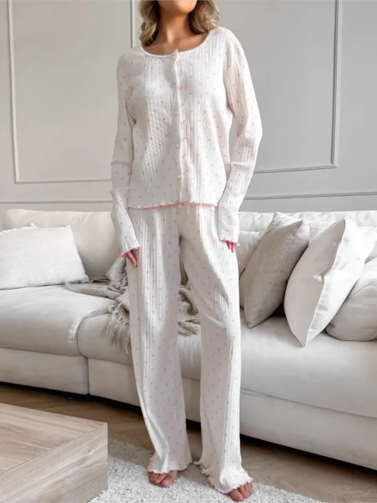 

Autumn 2026 Loose New Homewear Knitted Printed Long-sleeved Cardigan Trousers Pajama Set Comfortable Contrast Simple Style Loose