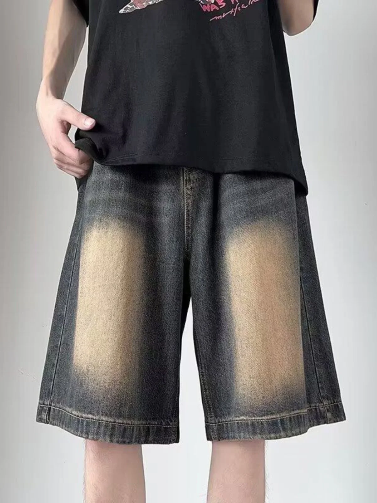 

Мужские летние джинсовые шорты из выстиранного денима, тонкие, свободные, прямого кроя, широкие, средней длины, в американском стиле, модные, брендовые, повседневные, в стиле High Street, Five-...