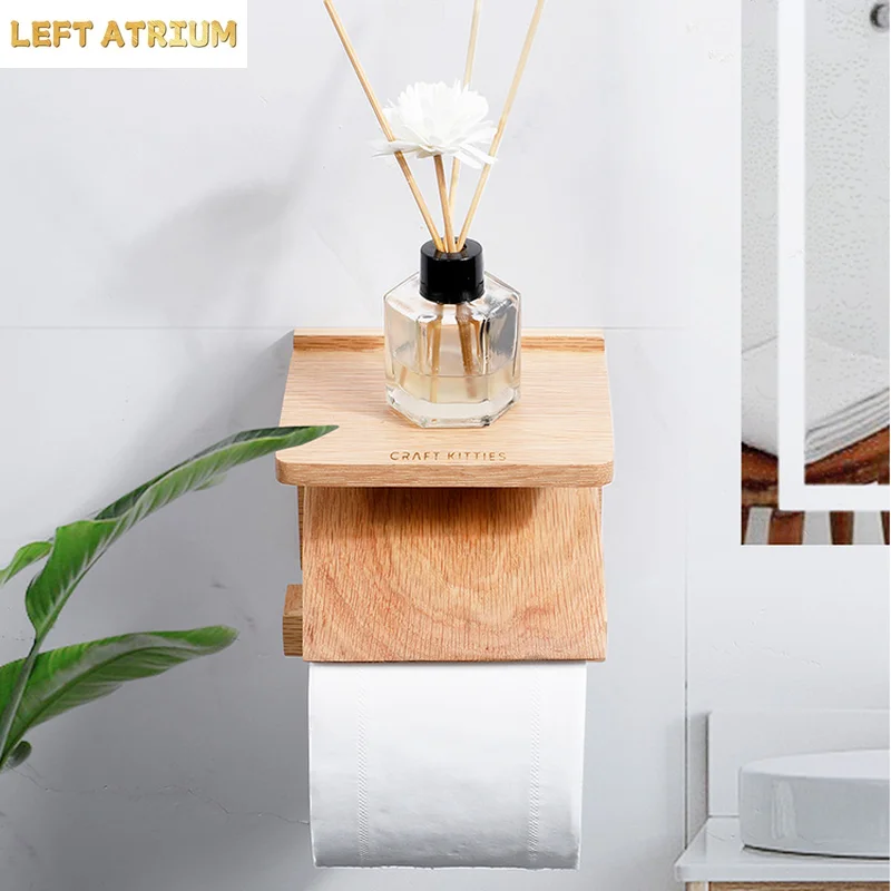 Solid Wood Tissue Holder Toilet Paper Towel Rack Wall-mounted Toilet Roll Holder Napkin Holders Tissue Box Storage Rack Shelf