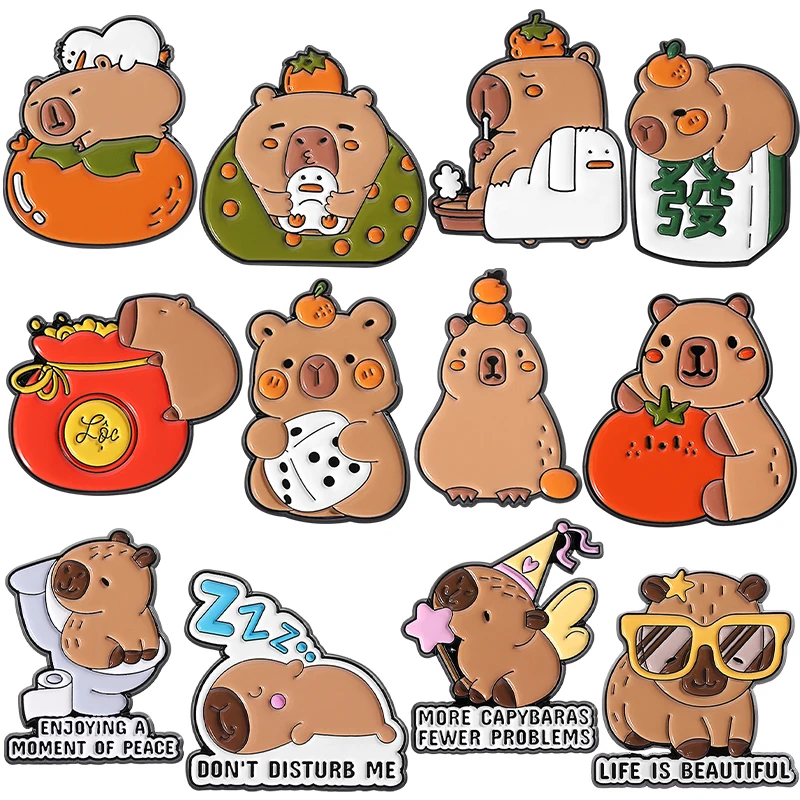 Mahjong Capybara Orange Bath Enamel Pin More Capybaras Less Problems Animal Brooches Decor Bag Lapel Badges Jewelry Kids Gift