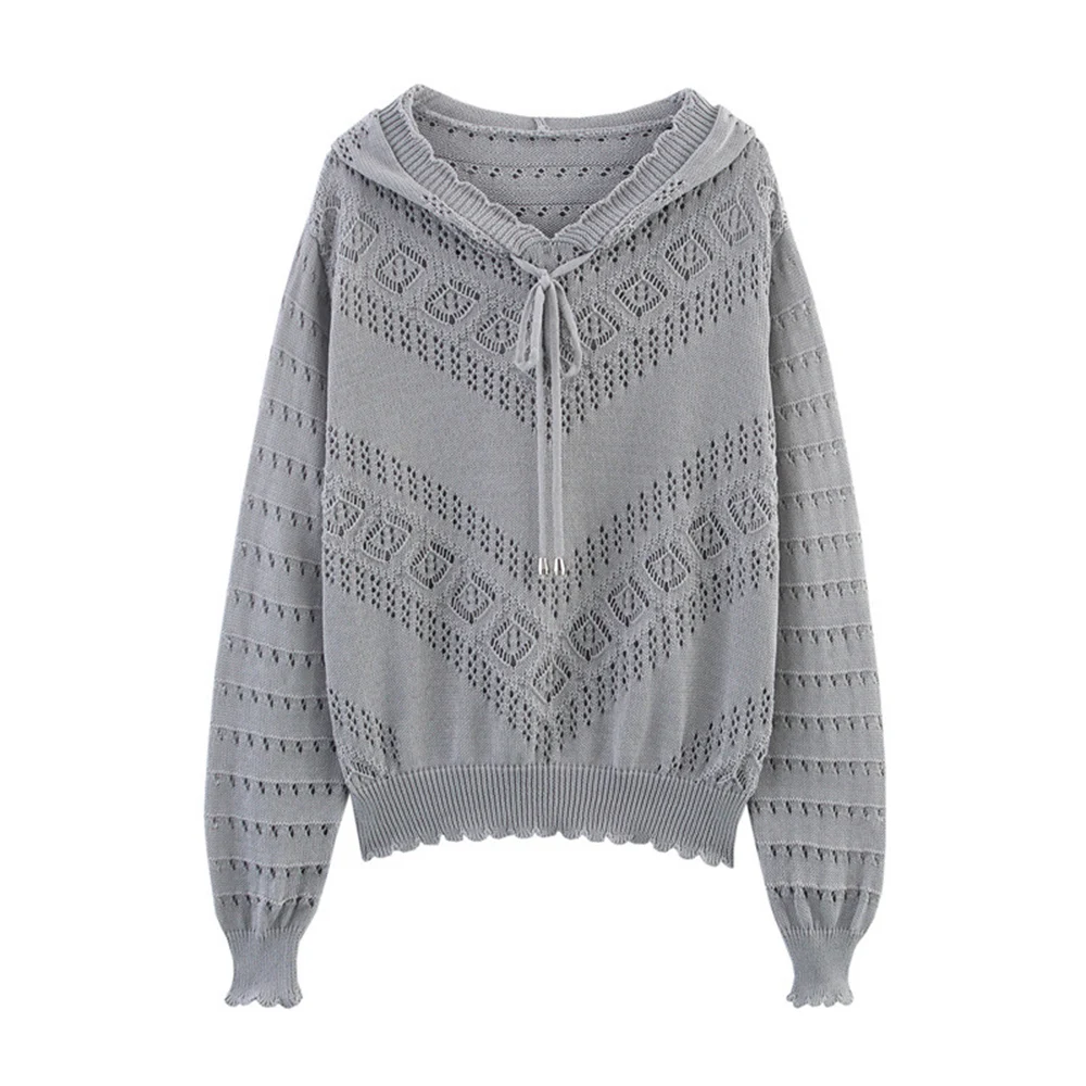 Female Solid Color Knitted Hoodie Sweatshirt With Drawstring Women's Hollow Out Design Versatile Simple Style For Spring Summer