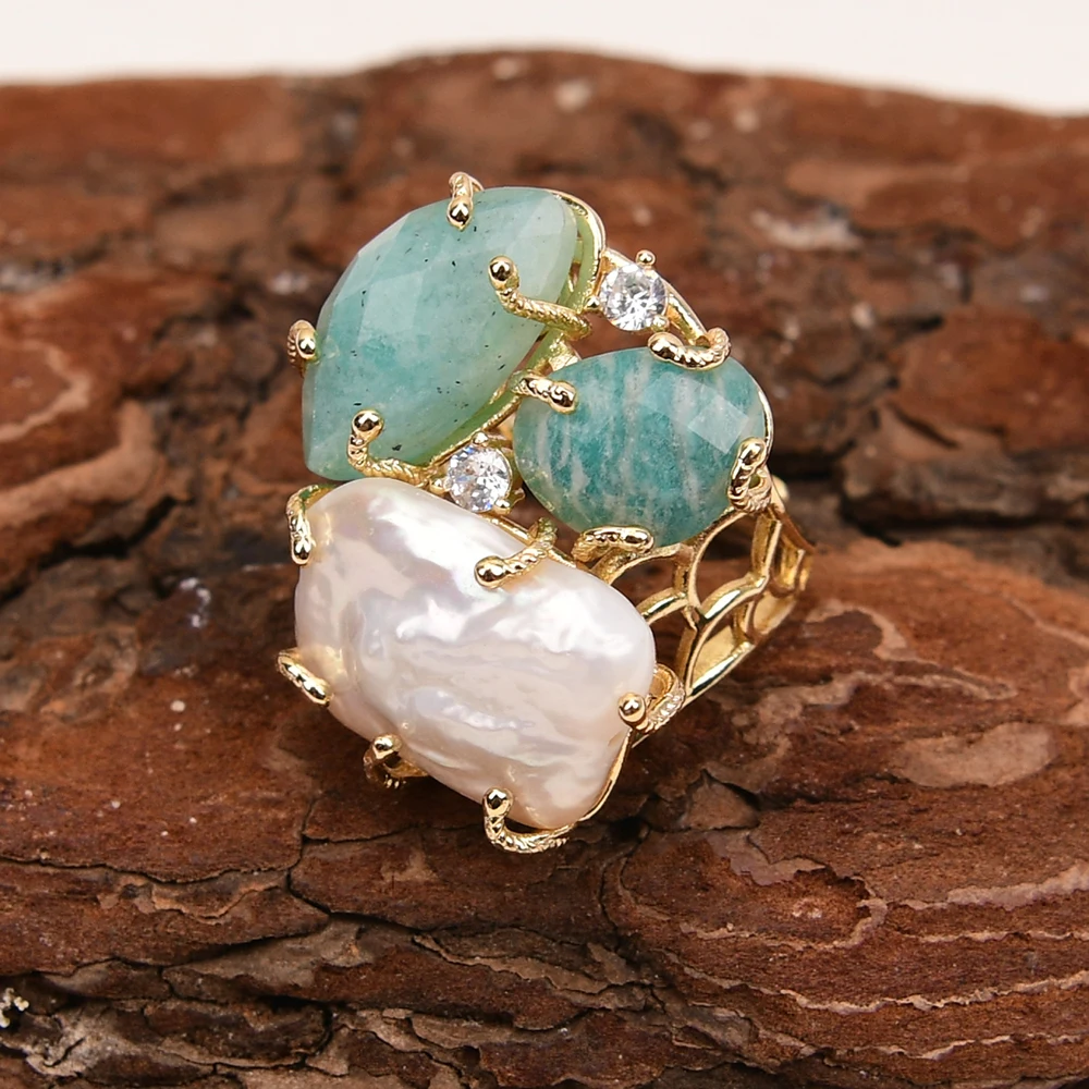 GG Natural White Keshi Pearl Green Amazonite Stone Gold Color Plated Rings Adjustable Ring For Lady