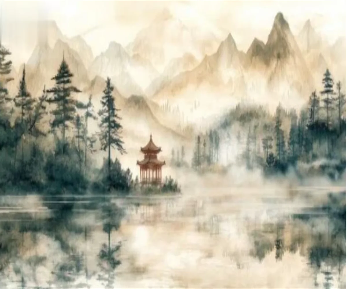 Customized Size 3d Wallpaper Chinese Style Abstract Ink Painting Landscape Mural Home Decoration Mountain Pavilion Tapestry