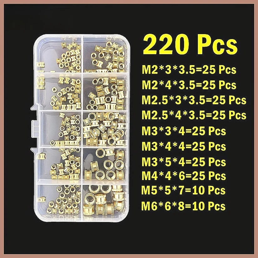 220pcs Brass Threaded Inserts for Plastic, M2-M6 Knurled Nut Copper Embedment, Blind & Through Hole for 3D Printing & Repairs