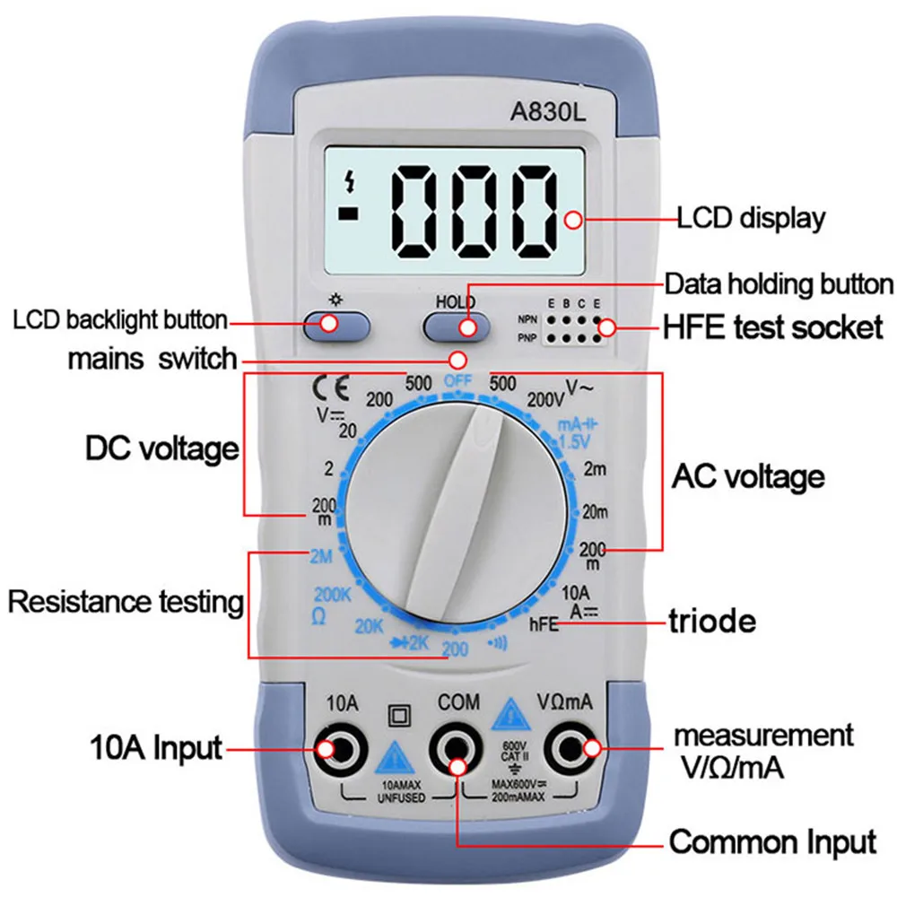 AC/DC 750/1000V DT-830B Multimeter Analysis Instrument 10A Amp Volt Tester LCD Display Auto Range Digital Voltmeter