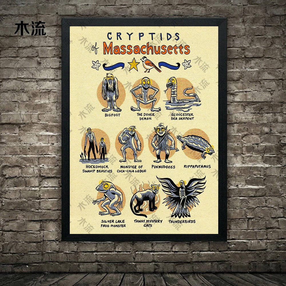 كريبتيدز ماين، ماريلاند وميشيغان، لوحة فنية جدارية عتيقة على القماش، رجل الماعز، قطة الشيطان، دوبور شيطان، طباعة ملصق فني قوطي