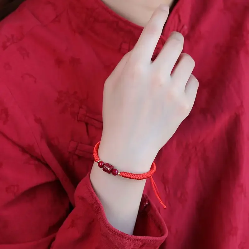 Ward Off Evil Spirits Red Rope Cinnabar Bracelet Six-character True Words HandString Tibetan Prayer Zodiac Hand Rope Hand-woven