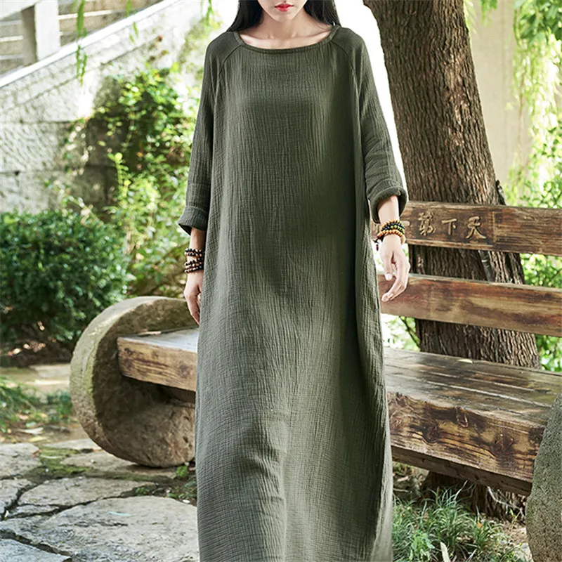 Spring Elegant long maxi Dress Autunm loose Casual long sleeve cotton linen Dress Bohemian Vestido Female Robe Roupas femininas
