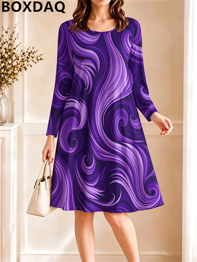 2026 Women's Loose Dresses Fashion Gradient Tie Dyeing Pattern Printed Long Sleeve Round Neck Casual Autumn Party Dress