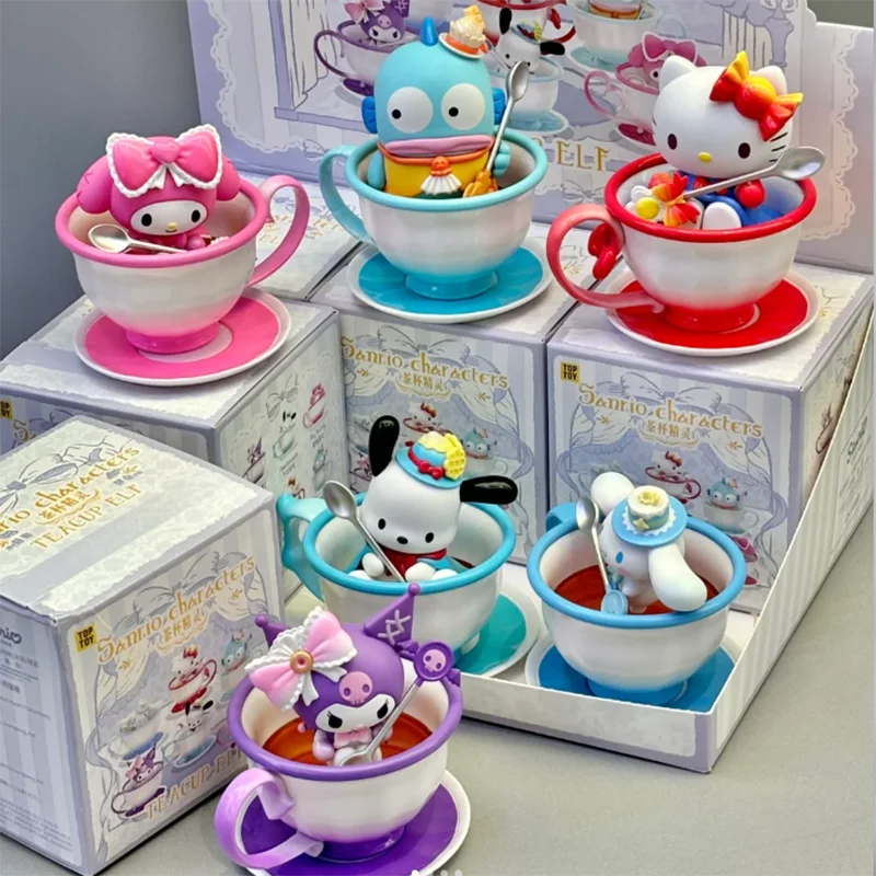 MINISO Sanrio Tea Cup EIf Series Blind Box Action Figures Kuromi Pacha Dog Figurine Toys Can Be Collected And Given As Gifts