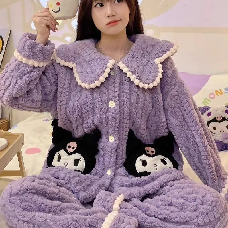 Sanrio Kit Girl Coral Fleece Flip Collar Long Sleeves Keep Warm Pajama Set Winter Kawaii Kuromi Comic Thickening Home Clothes