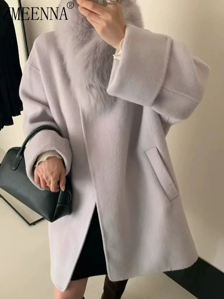 

ZMEENNA Stylish Women's Reversible Wool Blend Shawl Collar Coat With Pockets Elegant Outerwear For Fall Winter ZM3558