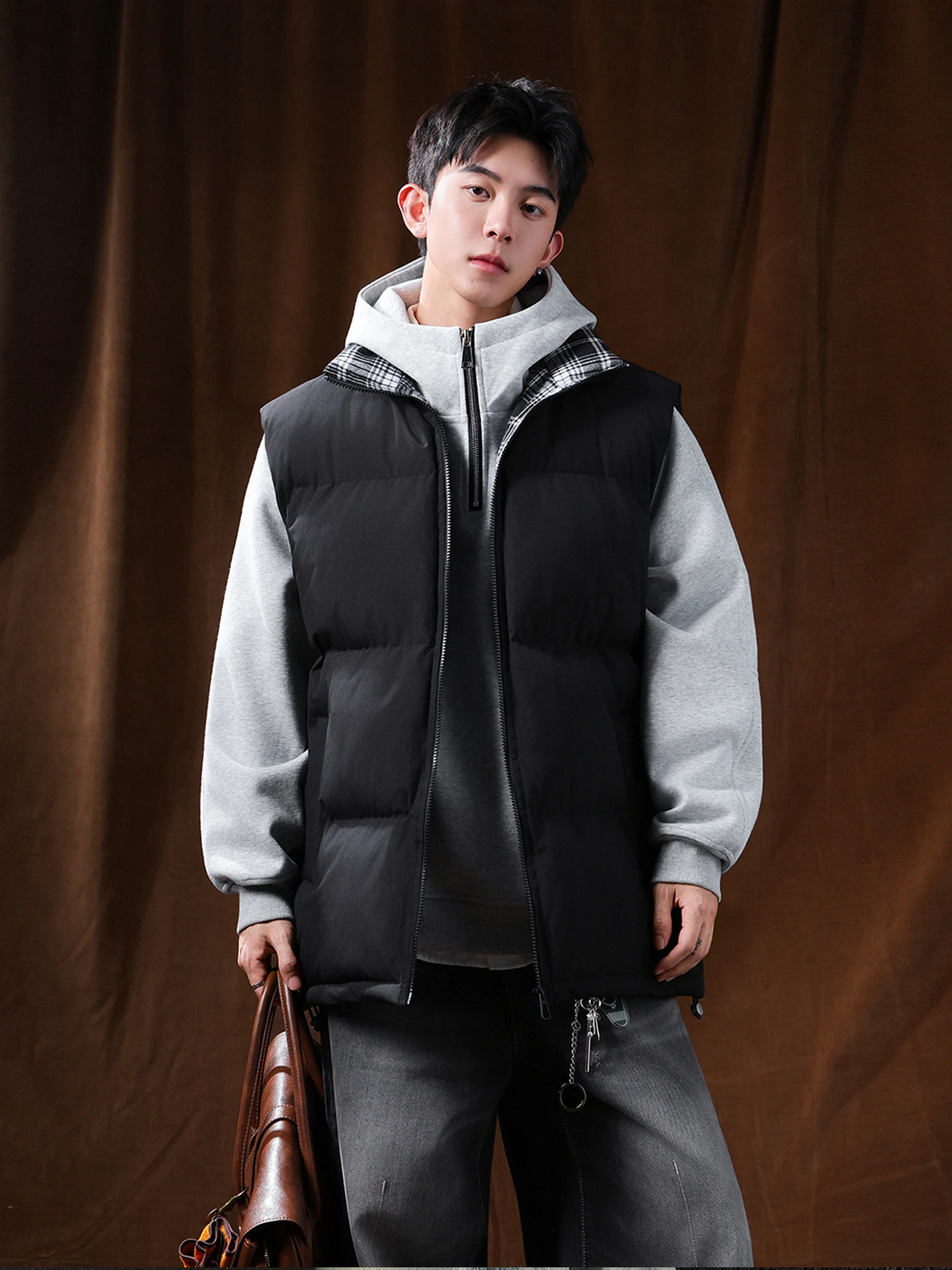 

Plaid Patchwork Collarl Cotton Vest Men's Autumn Winter New American Cleanfit Loose Layering oulder Pad Jaet