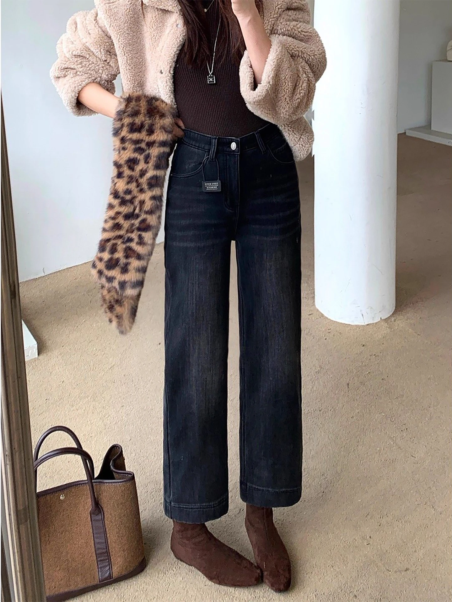 

Retro Washed Faded Straight Leg Denim Jeans Women's High Waist Elastic Wide Leg Nine Point Pants Spring Season Small Size