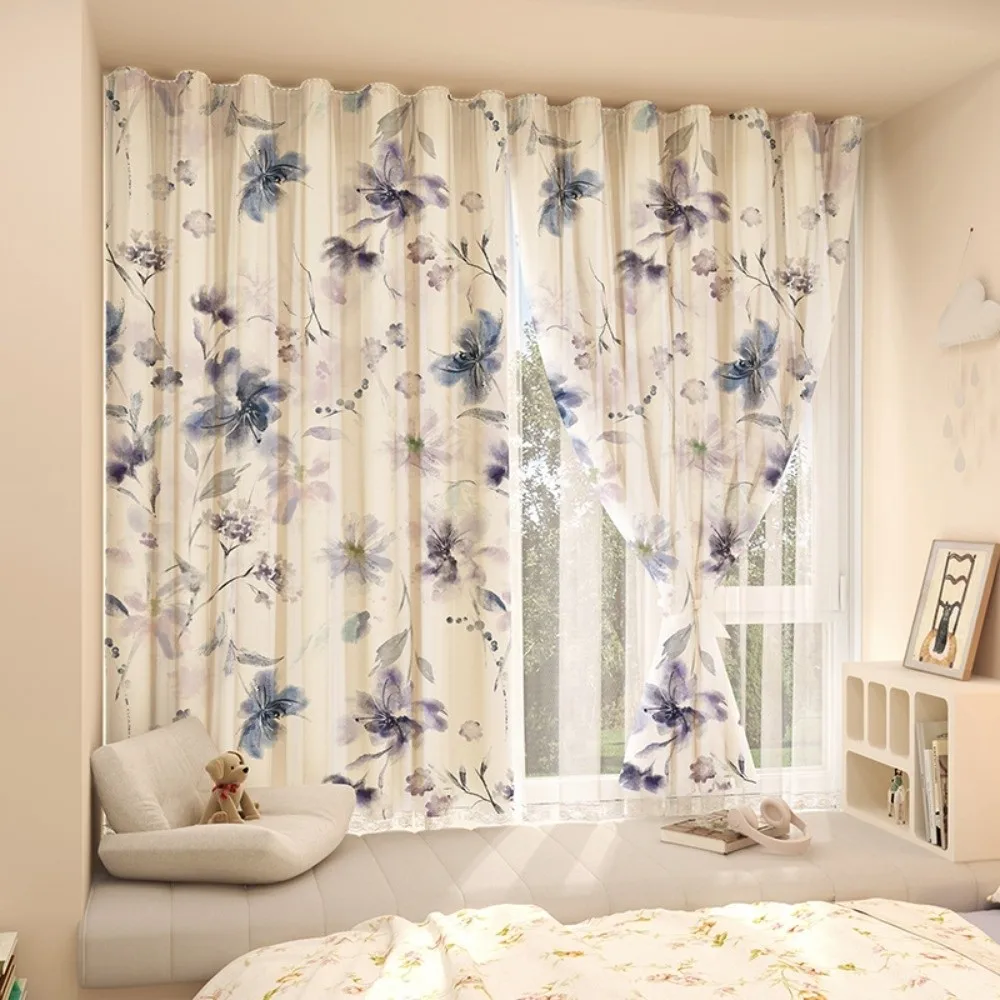 

1 Pc No Drill Double Layer Curtain Cartoon Pattern with Rope Bedroom Curtains Self-adhesive Blackout Curtains Living Room