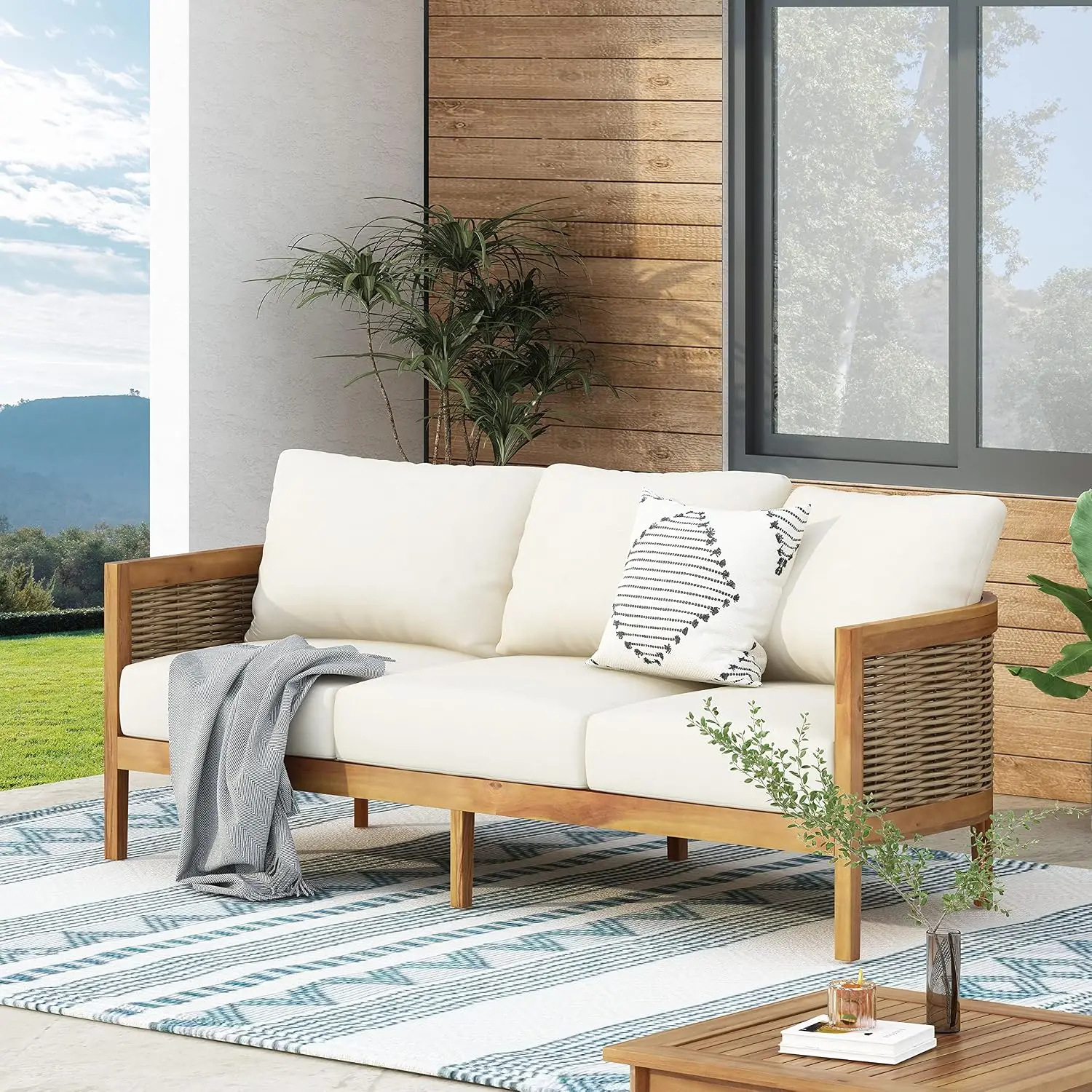 3 Seater Outdoor Sofa with Cushions, Acacia Wood & Round Wicker, Teak & Mixed Brown & Beige, Customized